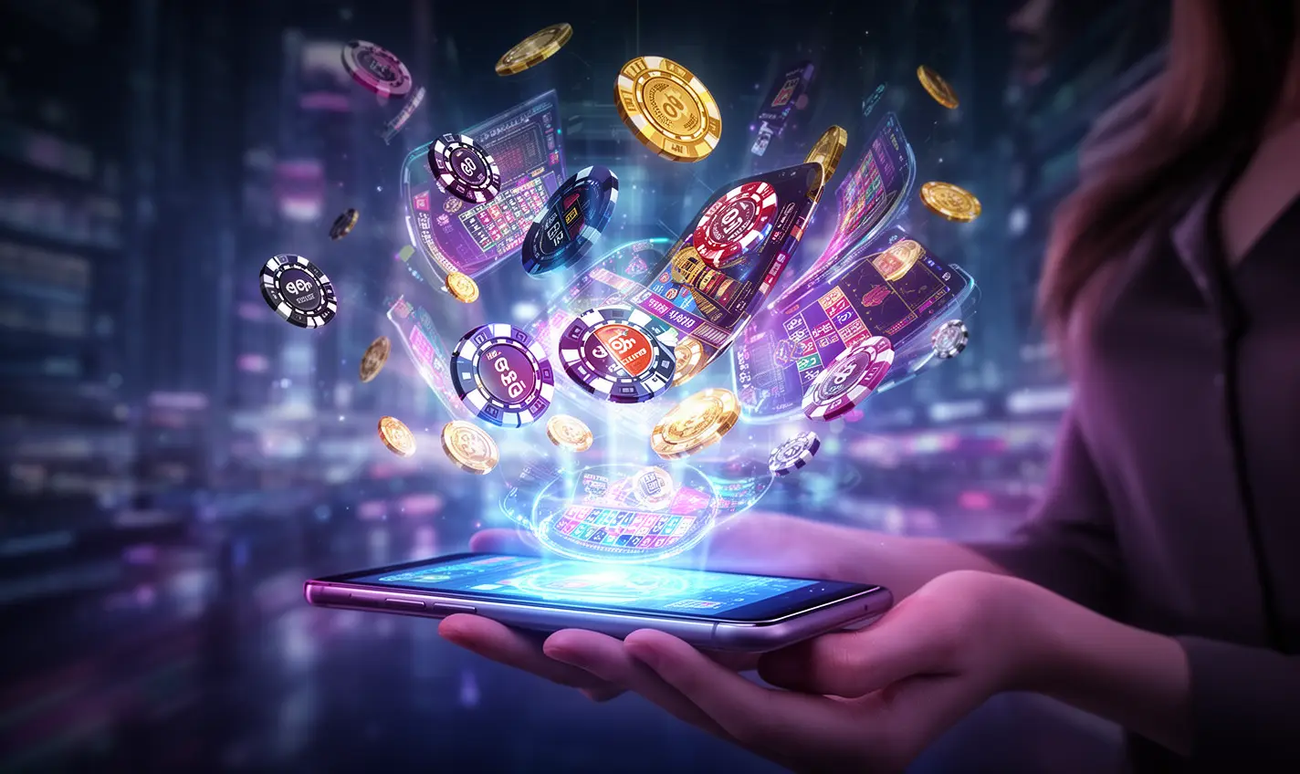 Futuristic casino scene with glowing coins and digital slot symbols floating above a smartphone showing the 58BD app interface