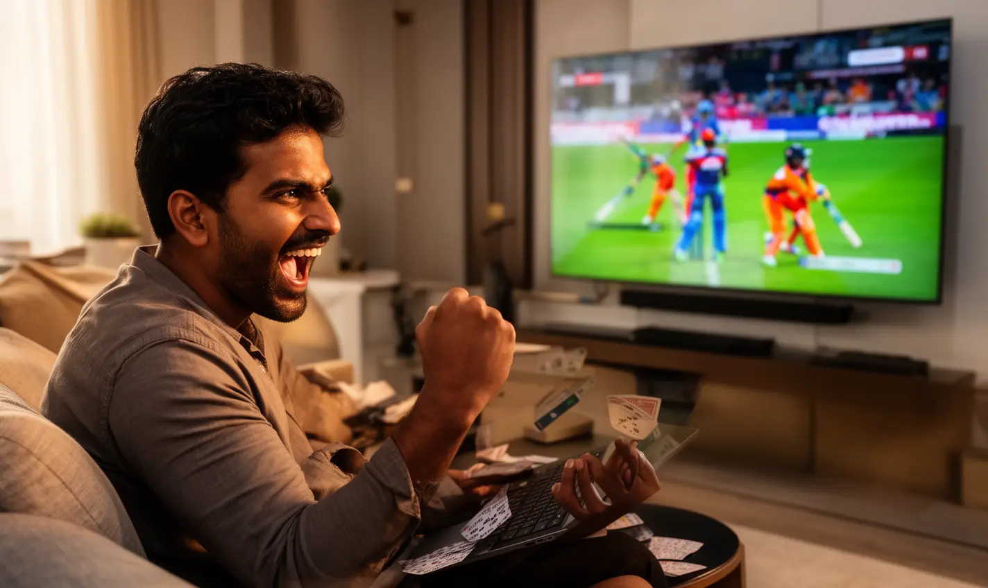 Excited Bangladeshi sports fan celebrating a big win while betting online with 58BD in a cozy living room as a cricket match plays on TV