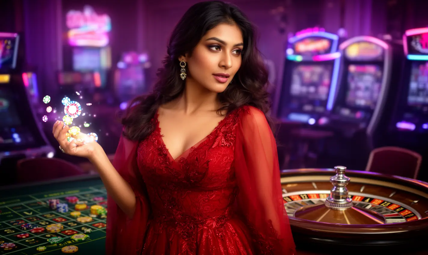 Luxury casino atmosphere with a glamorous woman holding glowing chips near a roulette table showcasing the premium gaming experience and bonuses at 58BD for players in Bangladesh