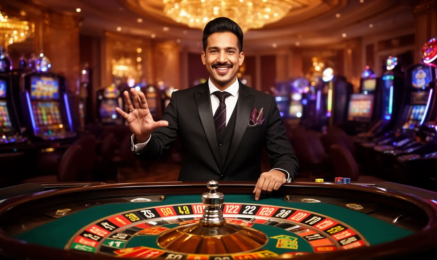 Elegant live roulette dealer in a tuxedo presenting the table with confidence and style, highlighting the premium live casino experience at 58BD for players in Bangladesh