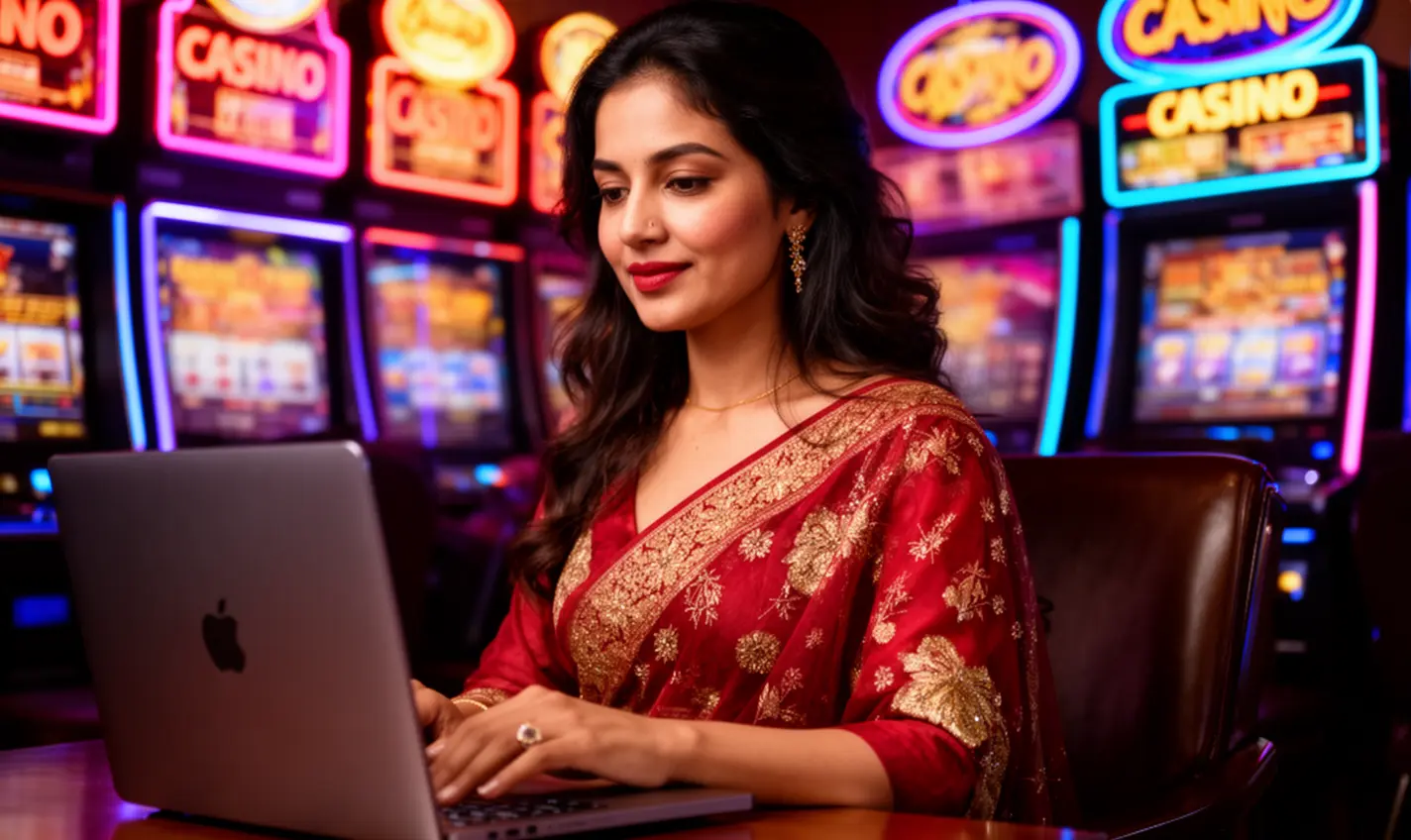 Focused Bangladeshi gamer playing online casino games on a laptop surrounded by vibrant neon card symbols and lights at 58BD