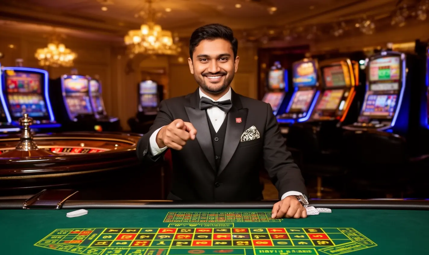 Smiling Bangladeshi casino presenter pointing forward in a classic gaming studio with roulette and slot machines behind him inviting users to log in to 58BD