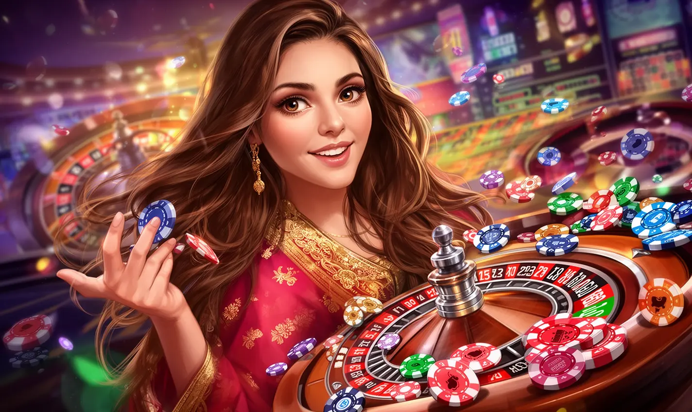 Elegant female casino model holding stacked chips in front of a vibrant roulette wheel symbolizing high quality gaming entertainment at 58BD for players in Bangladesh