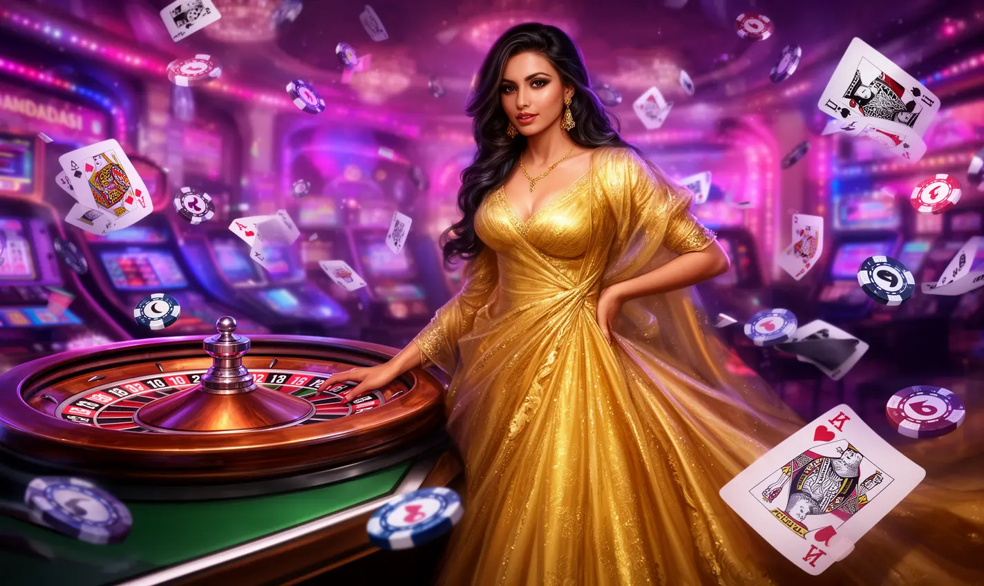 Stylish casino scene with a confident woman in a golden dress near a roulette table with glowing lights and floating chips representing the premium 58BD casino experience