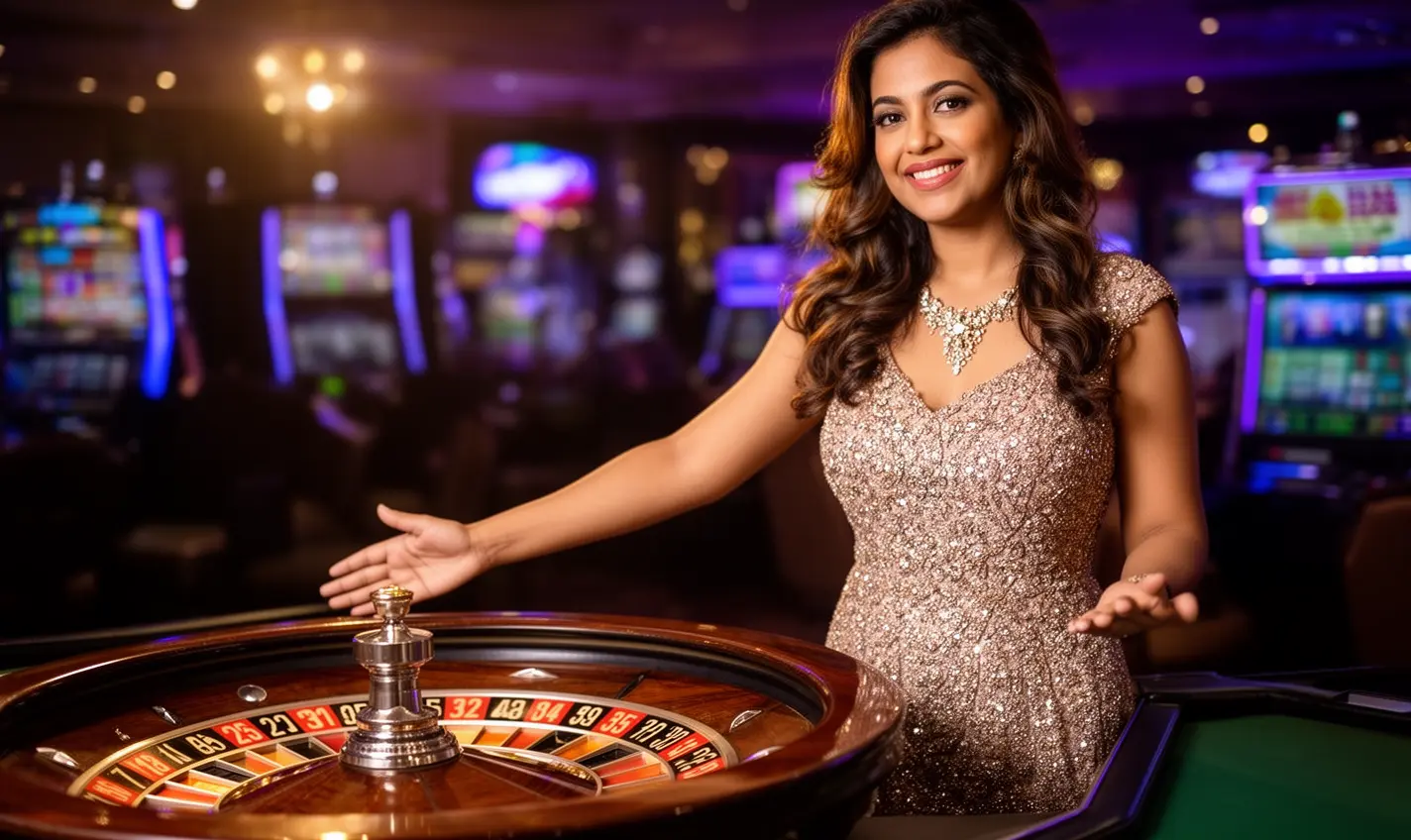 Elegant live casino hostess in a red evening dress presenting a roulette table in a luxurious studio atmosphere on 58BD for Bangladeshi players
