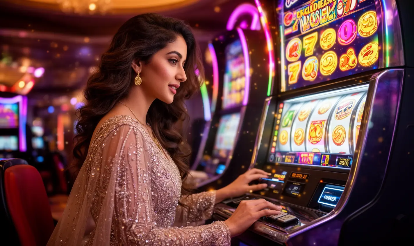 Elegant woman in a sparkling red dress standing beside glowing slot machines representing the excitement and luxury of 58BD online casino in Bangladesh